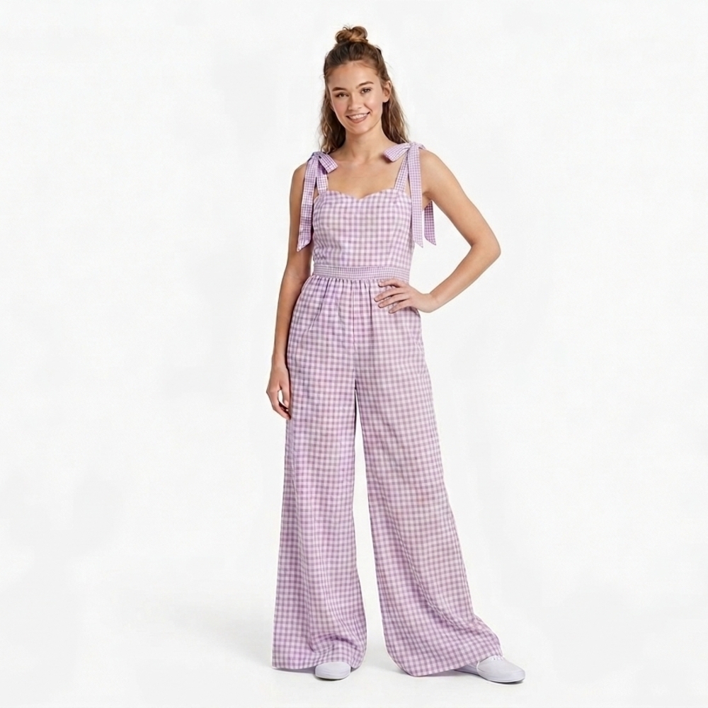 Storia Wide-Leg Tie-Shoulder Gingham Jumpsuit - Lavender